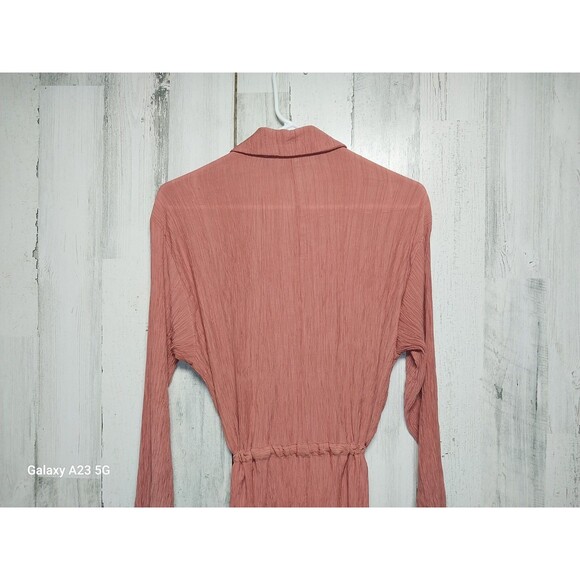 ZARA Shirt Dress Large Belted Crinkle Textured Knee Length Pockets Terra Cotta - Picture 7 of 9